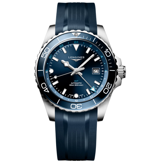 Longines Hydroconquest GMT 43mm Watch with Rubber Strap